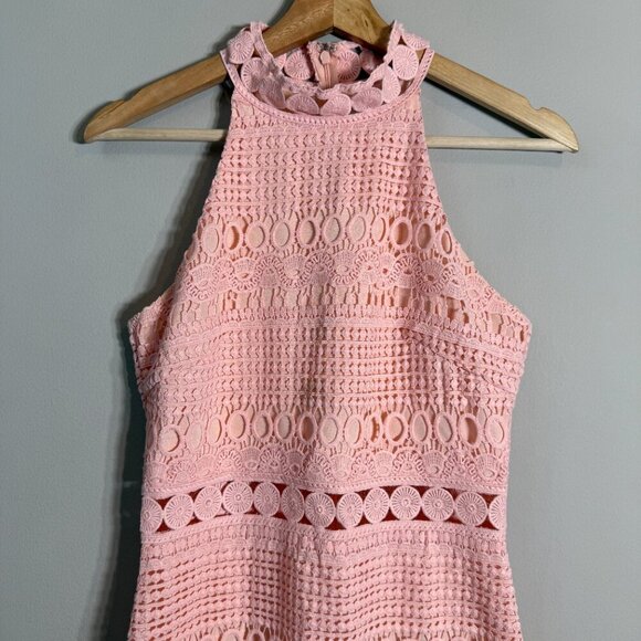 Two Sisters Crochet Overlay Midi Dress Women's 4 Pink Sheer High Neck Cocktail - Picture 5 of 14